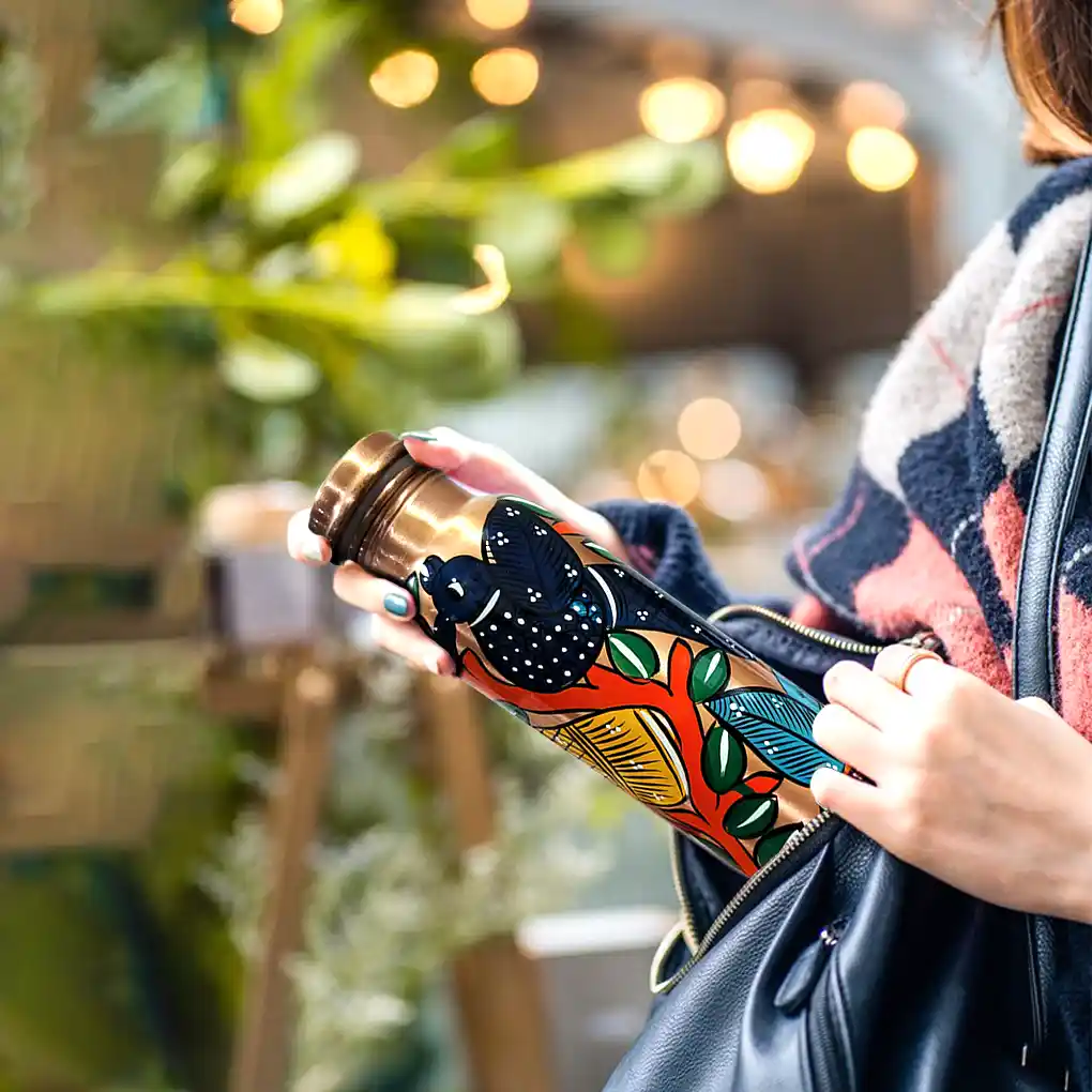Hand-Painted Copper Bottle -Bird Design - Image 3