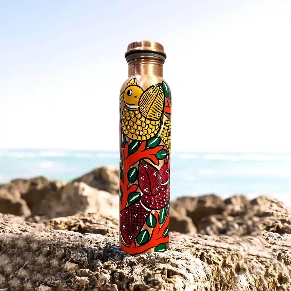 Hand-Painted Copper Bottle -Bird Design - Image 2