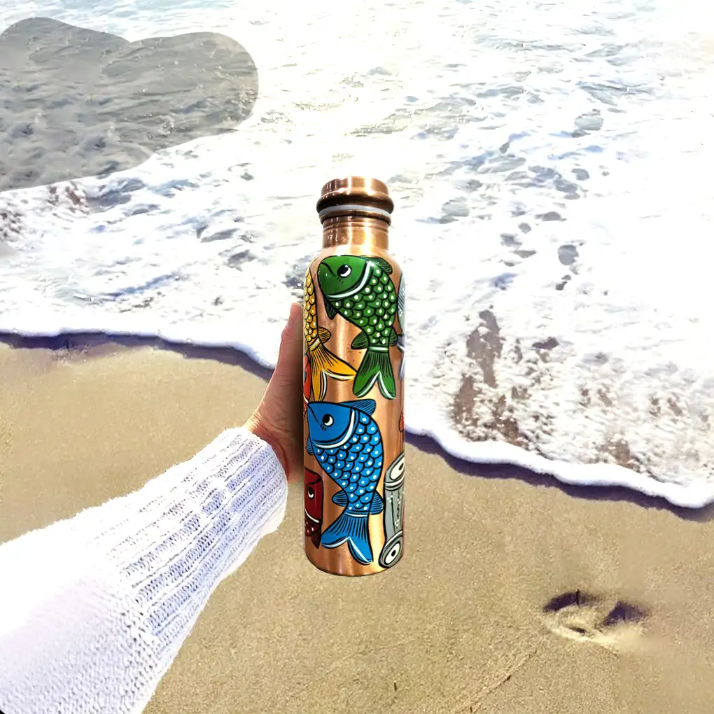Hand-Painted Copper Bottle -Fish Design - Image 2