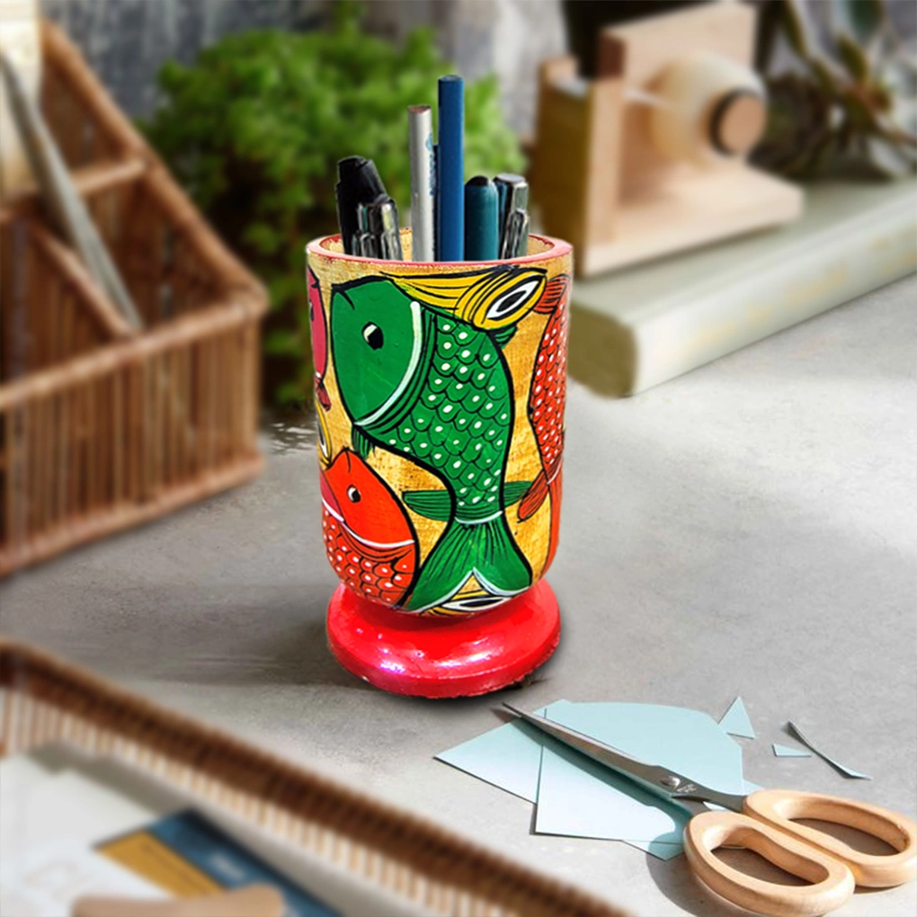 Hand-Painted Pattachitra Wooden Pen Stand/Cutlery Holder - Image 2