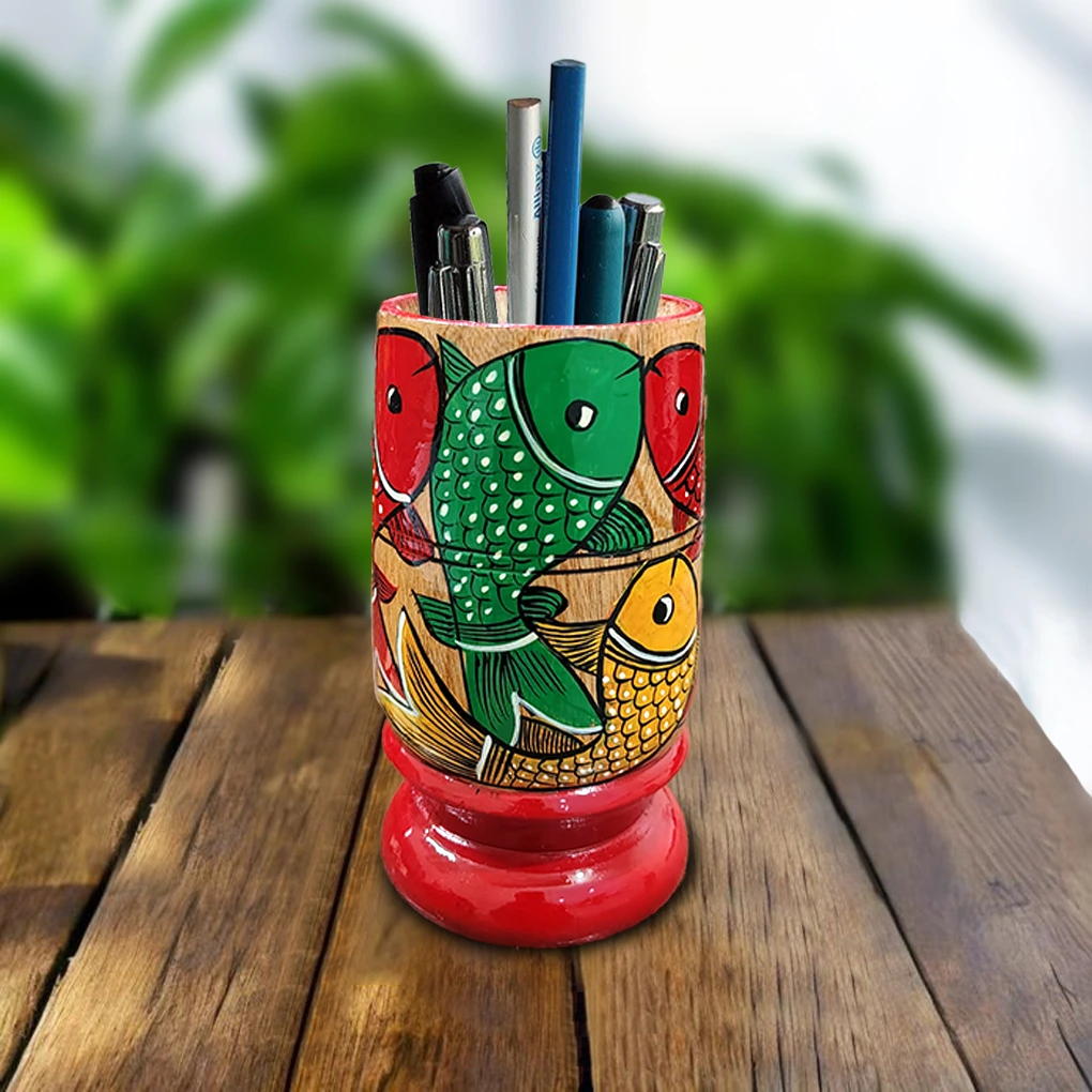Hand-Painted Pattachitra Wooden Pen Stand/Cutlery Holder