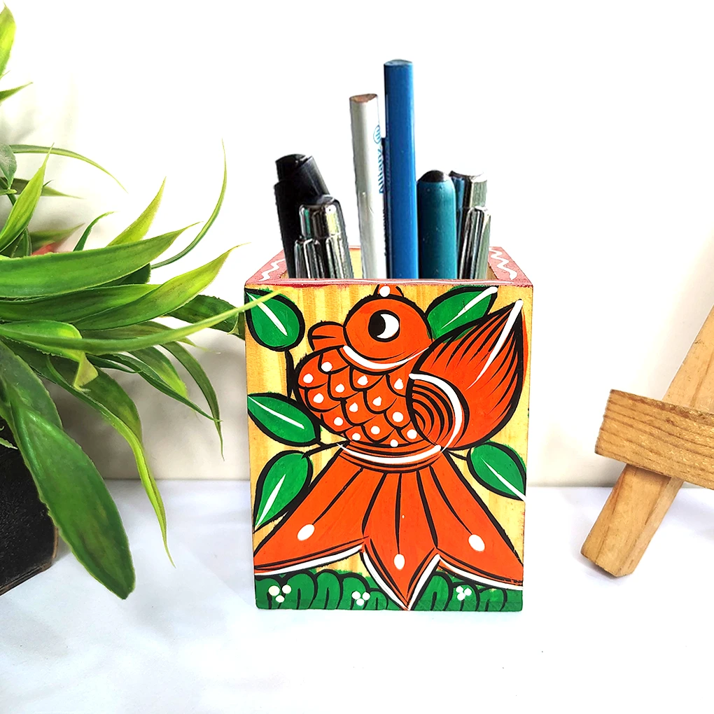 Hand-Painted Pattachitra Wooden Pen Stand/Cutlery Holder