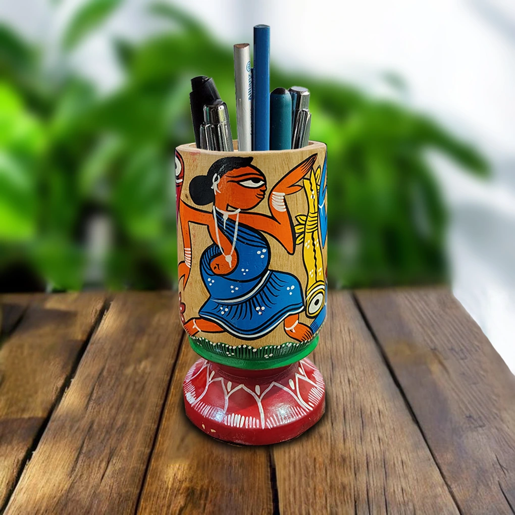 Hand-Painted Pattachitra Wooden Pen Stand/Cutlery Holder