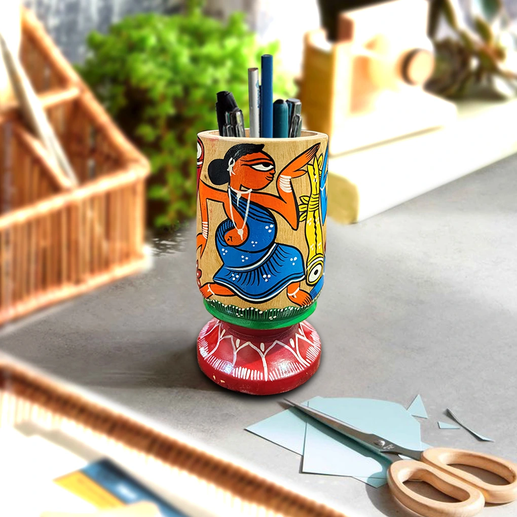 Hand-Painted Pattachitra Wooden Pen Stand/Cutlery Holder - Image 2