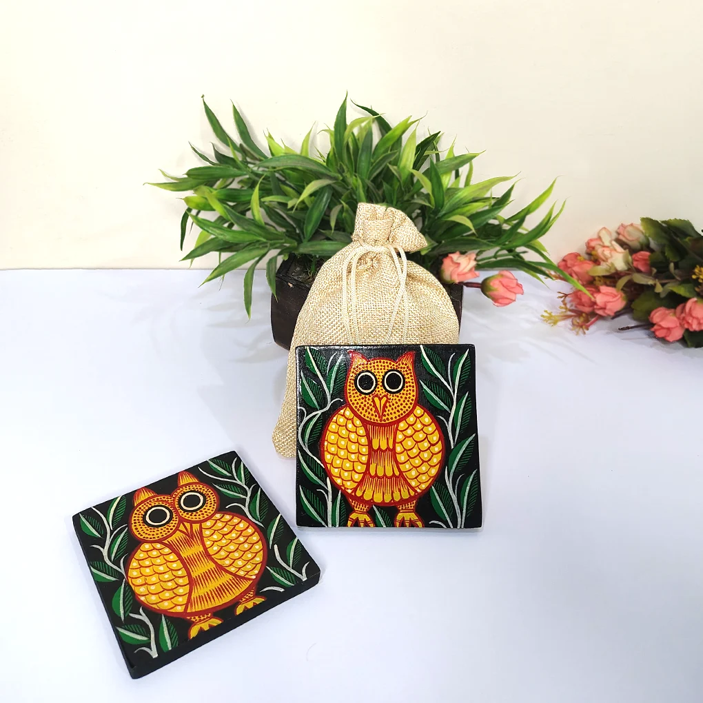 Hand-Painted Pattachitra Wooden Coasters (Set of 2)