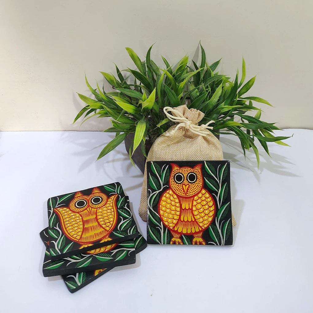 Hand-Painted Pattachitra Wooden Coasters (Set of 4)