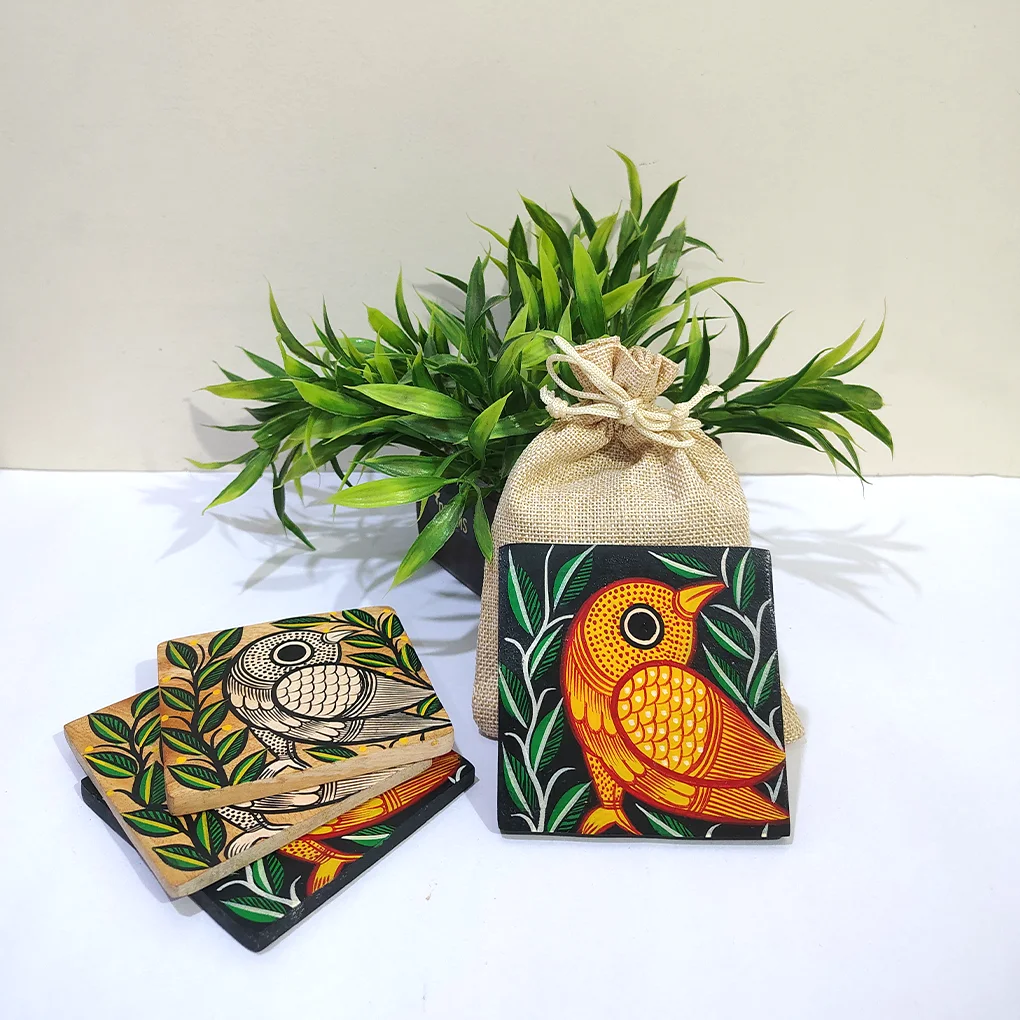 Hand-Painted Pattachitra Wooden Coasters (Set of 4)