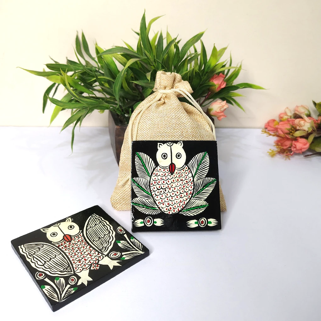 Hand-Painted Pattachitra Wooden Coasters (Set of 2)