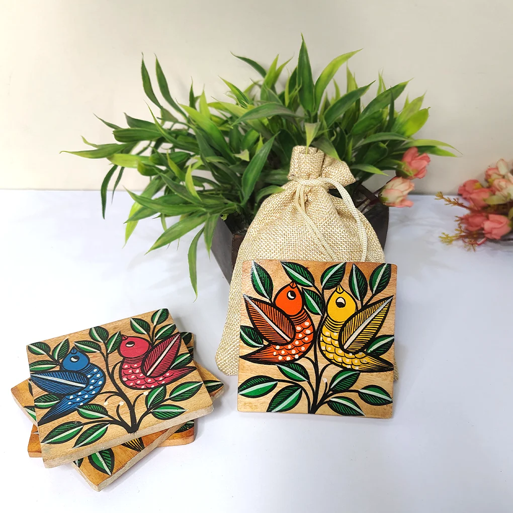 Hand-Painted Pattachitra Wooden Coasters (Set of 4)