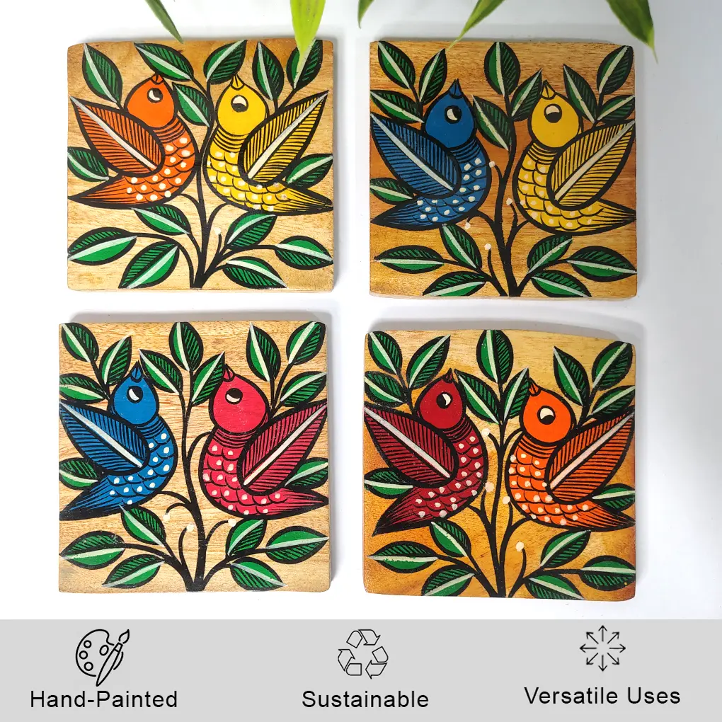 Hand-Painted Pattachitra Wooden Coasters (Set of 4) - Image 3