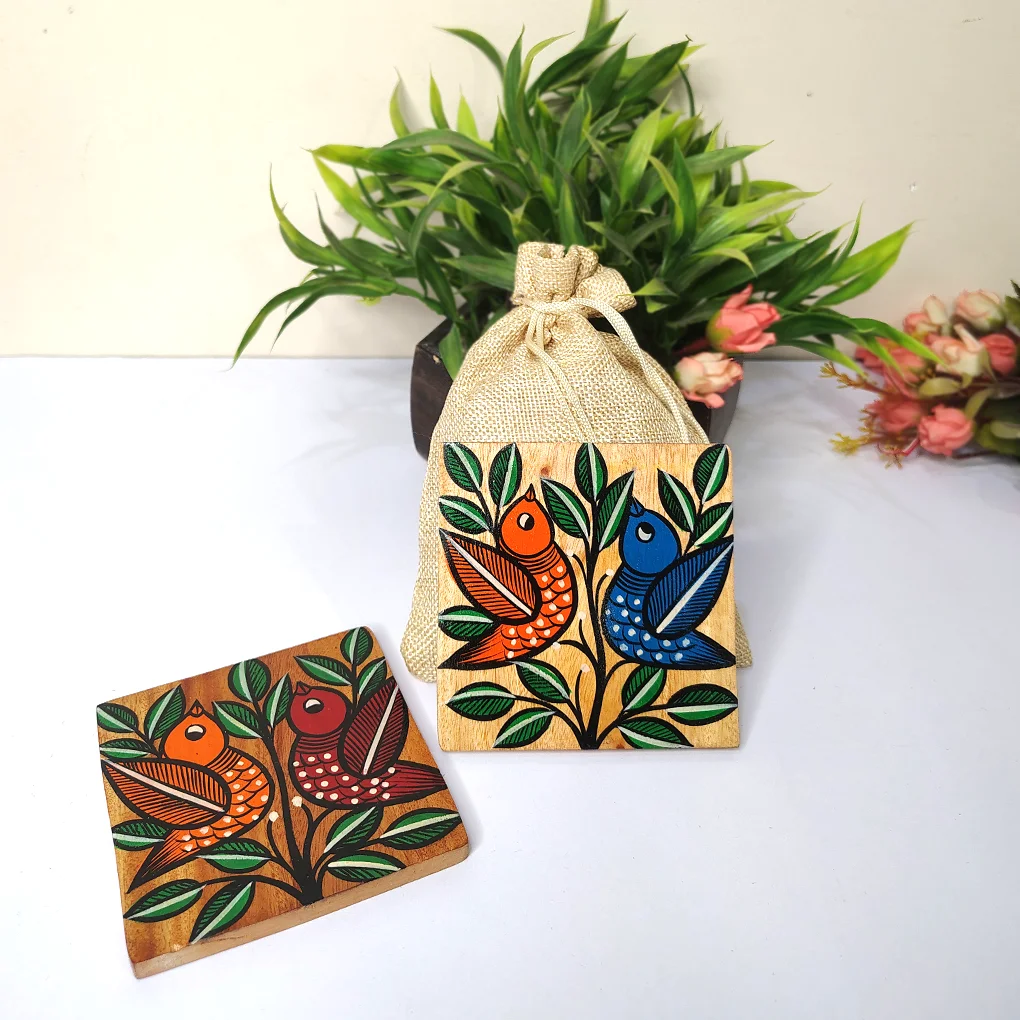 Hand-Painted Pattachitra Wooden Coasters (Set of 2)