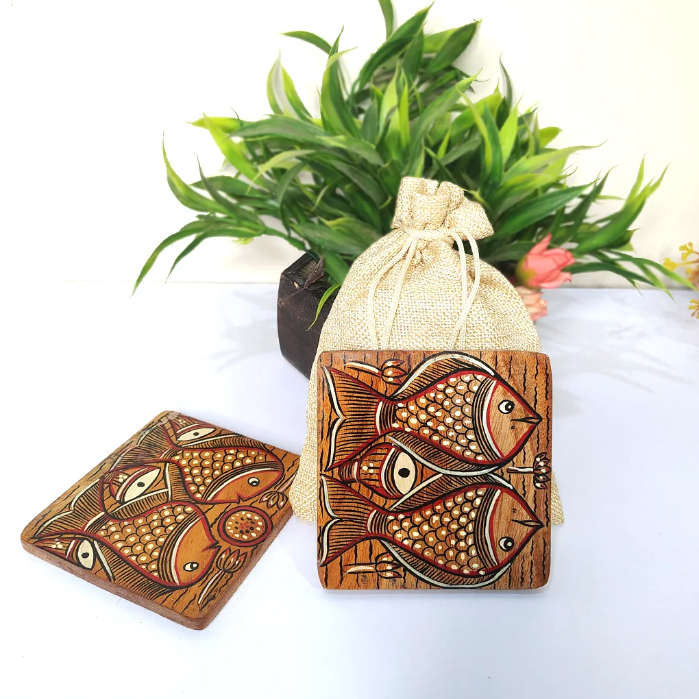 Hand-Painted Pattachitra Wooden Coasters (Set of 2)
