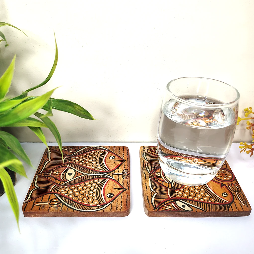 Hand-Painted Pattachitra Wooden Coasters (Set of 2) - Image 2