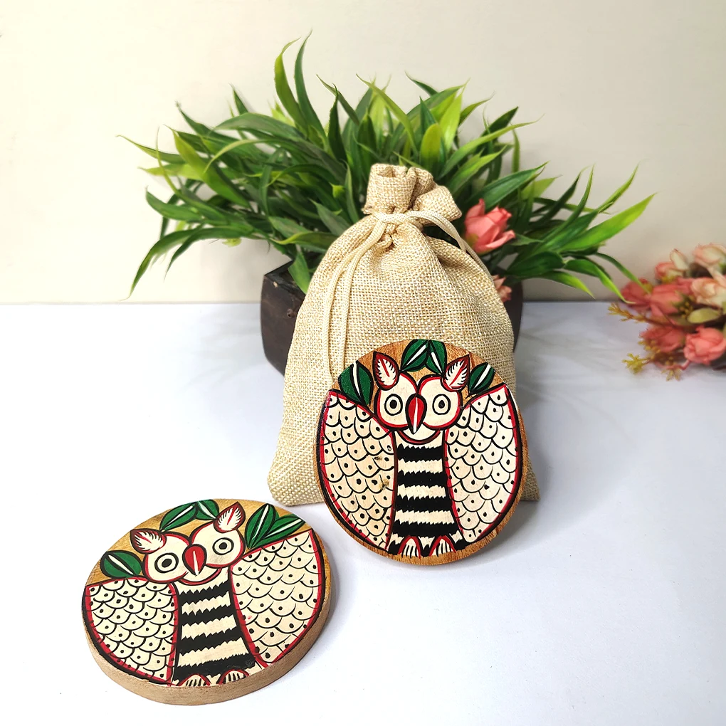 Hand-Painted Pattachitra Wooden Coasters (Set of 2)