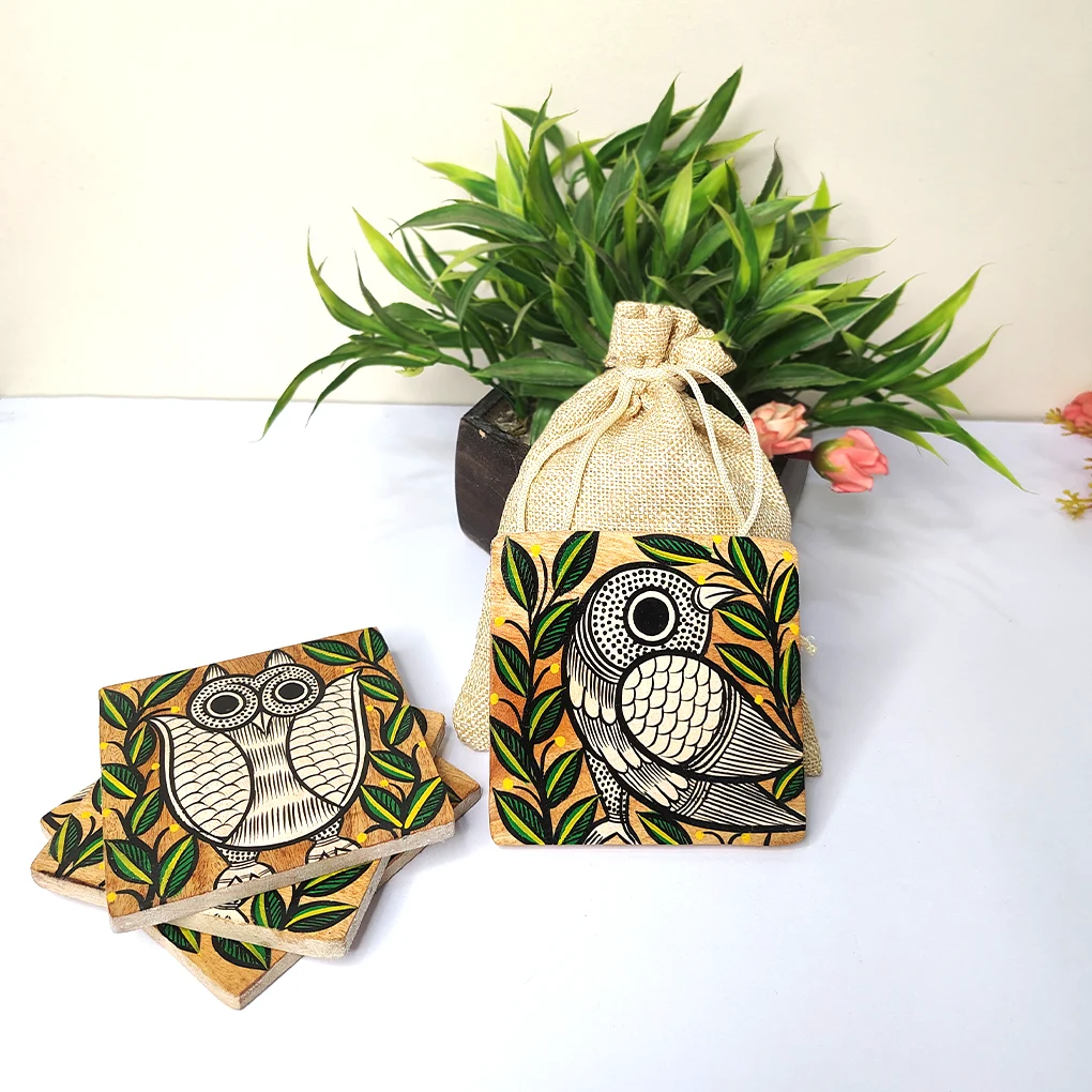 Hand-Painted Pattachitra Wooden Coasters (Set of 4)