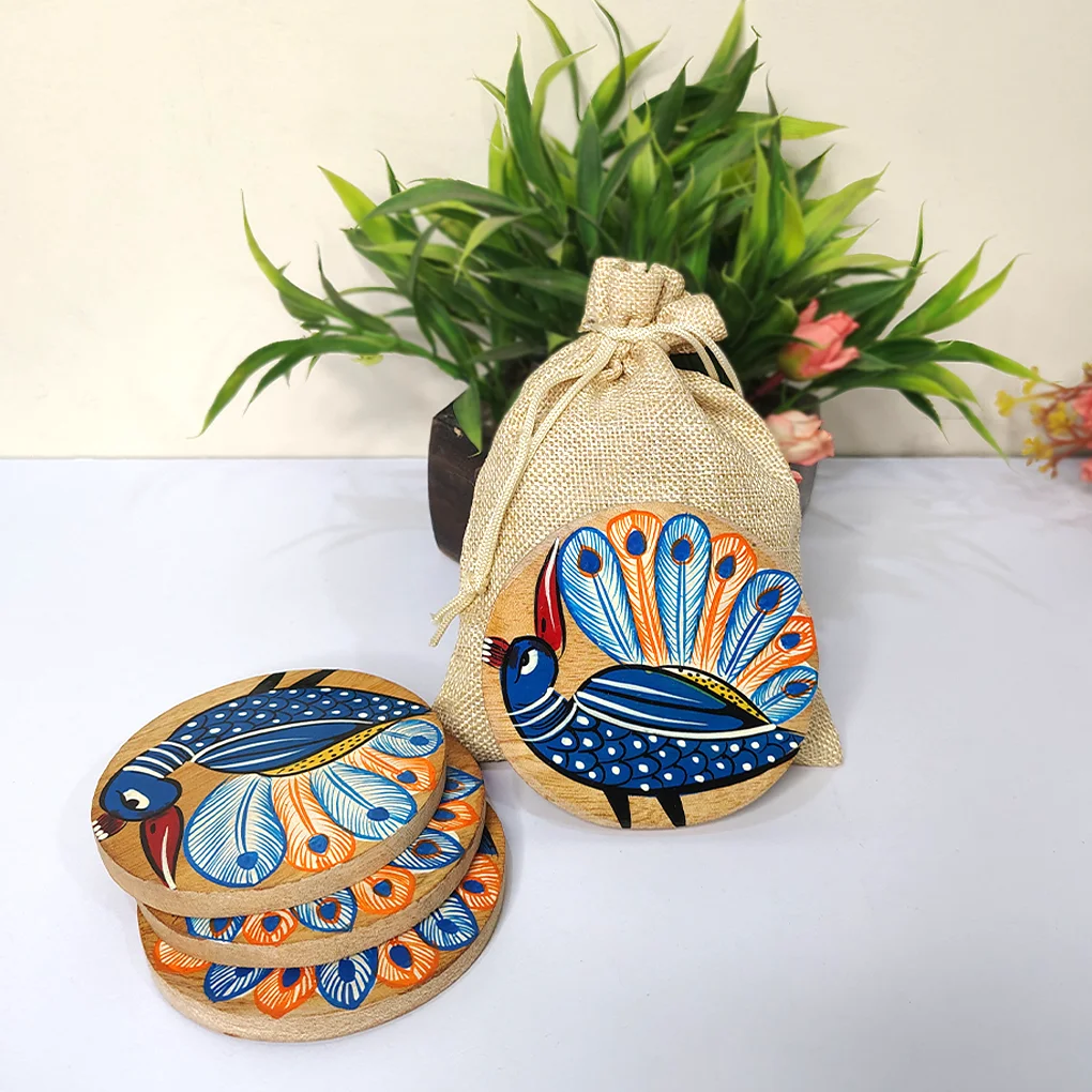 Hand-Painted Pattachitra Wooden Coasters (Set of 4)