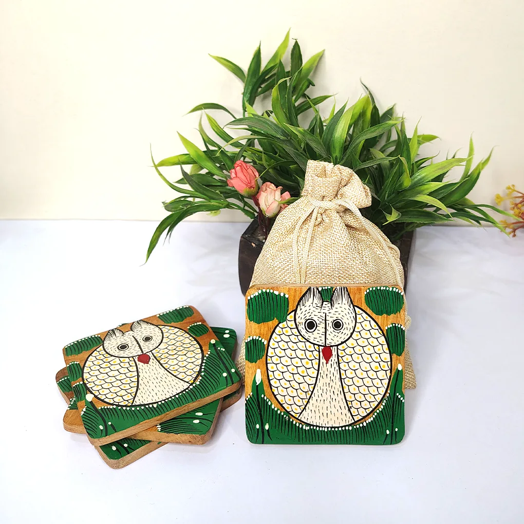Hand-Painted Pattachitra Wooden Coasters (Set of 4)