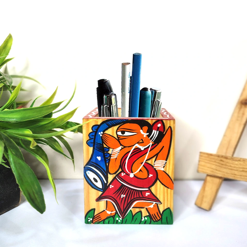 Hand-Painted Pattachitra Wooden Pen Stand/Cutlery Holder
