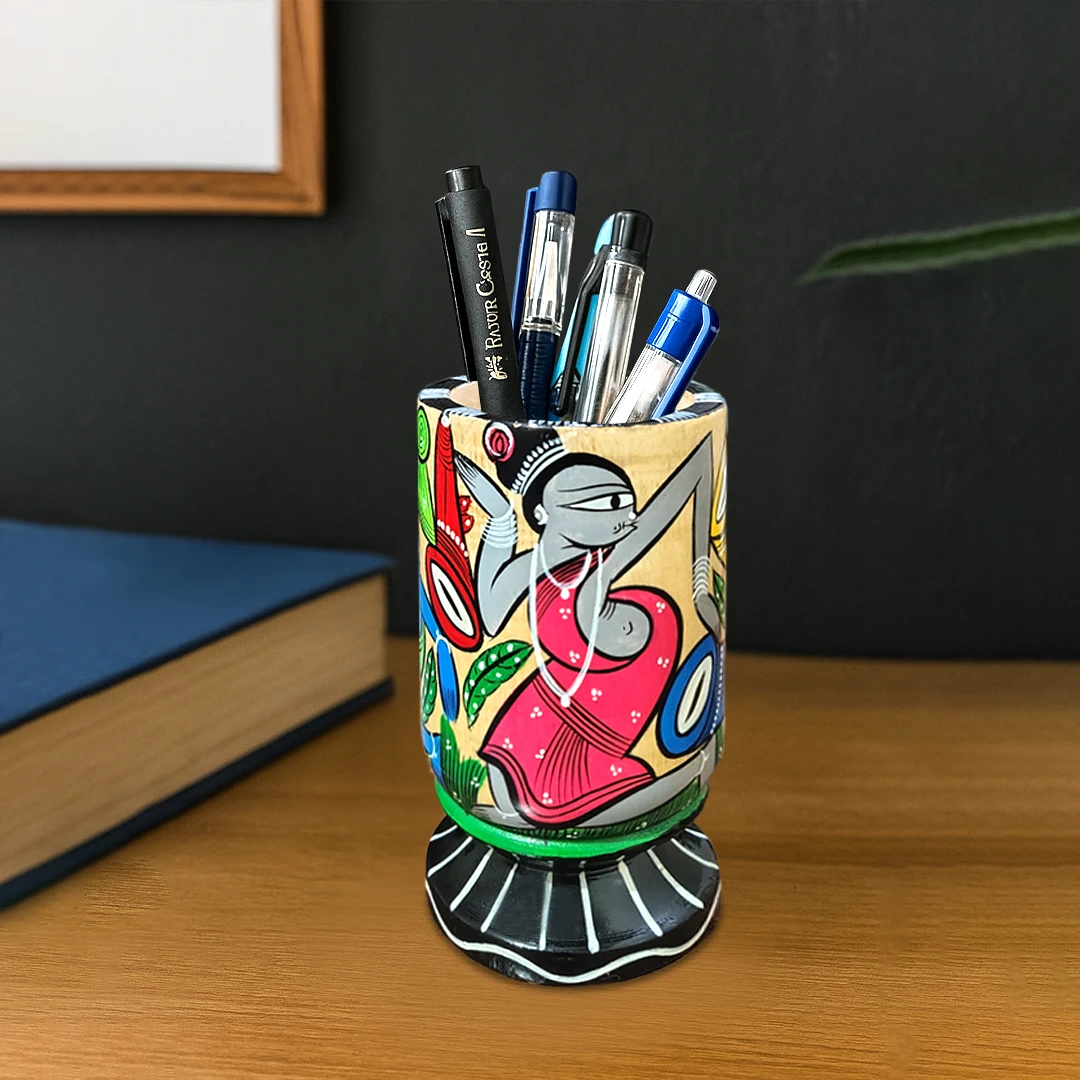 Hand-Crafted Pattachitra Wooden Pen Stand/Cutlery Holder
