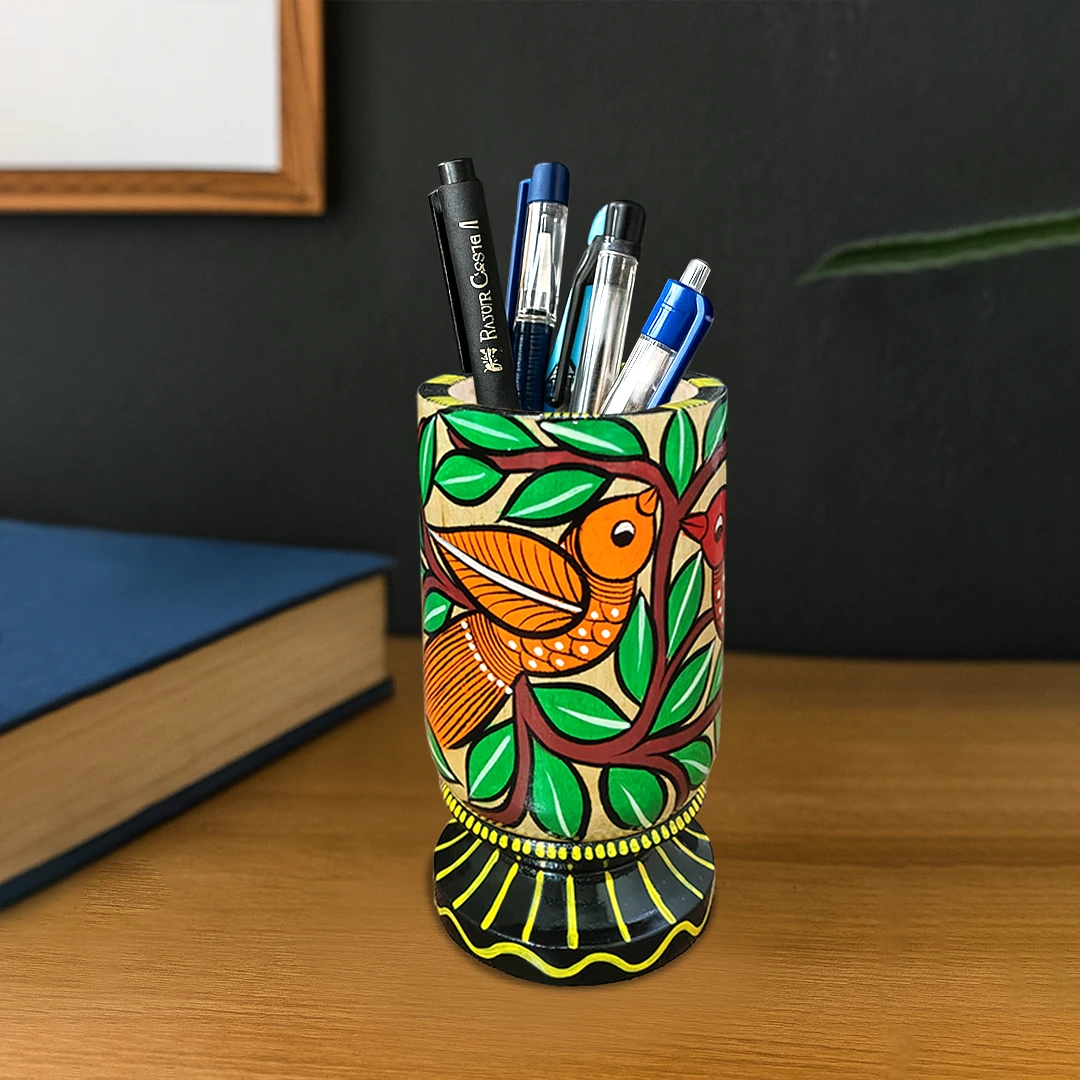 Hand-Painted Pattachitra Wooden Pen Stand/Cutlery Holder