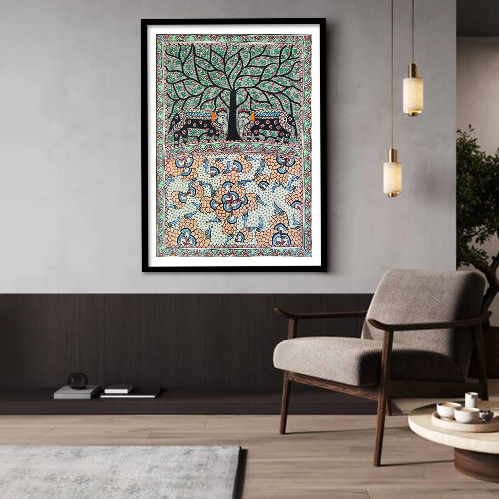 Sacred Tree of Life with Dual Fish & Cow Motif – Traditional Madhubani Folk Art Painting