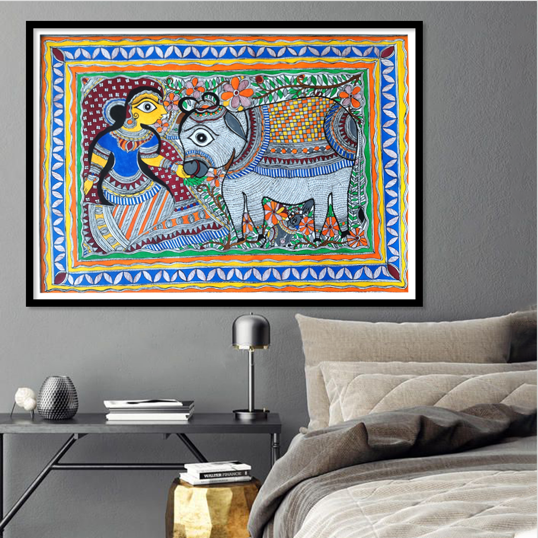 Graceful Lady with Cow – Traditional Madhubani Folk Art Painting