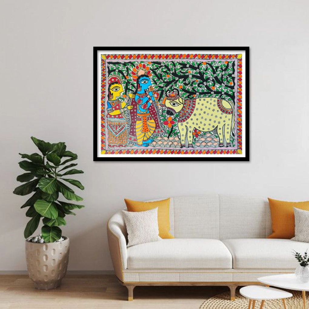 Divine Melody of Krishna & Radha – Traditional Madhubani Folk Art Painting