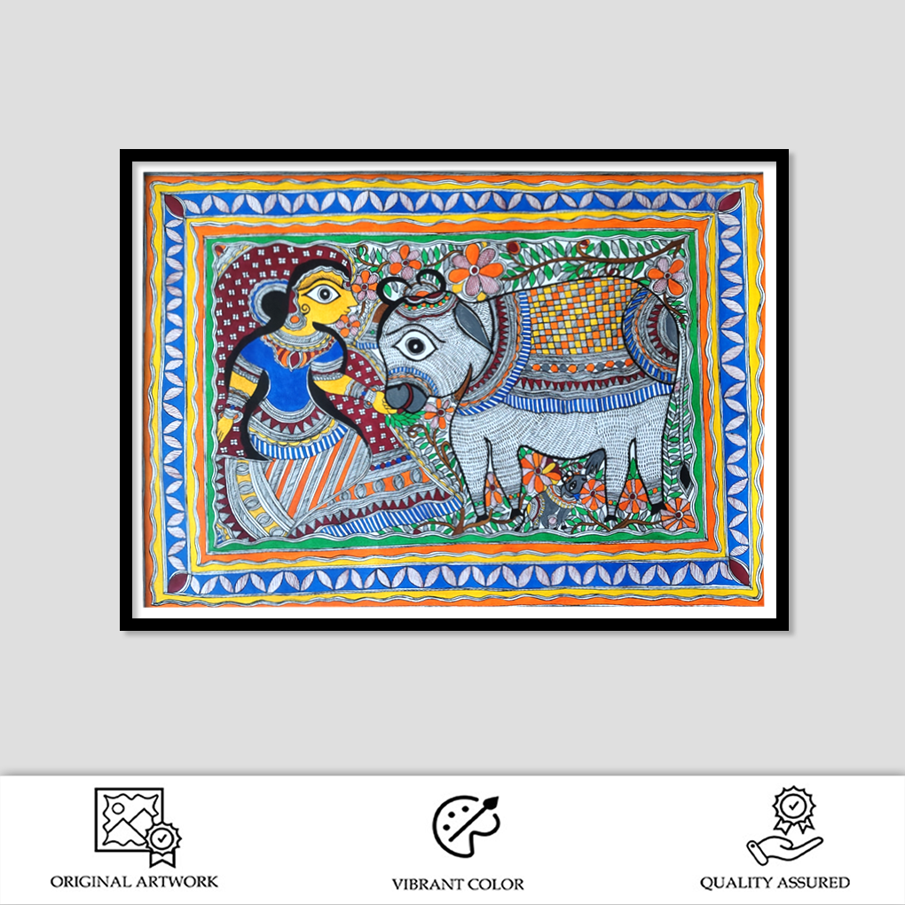 Graceful Lady with Cow – Traditional Madhubani Folk Art Painting - Image 2