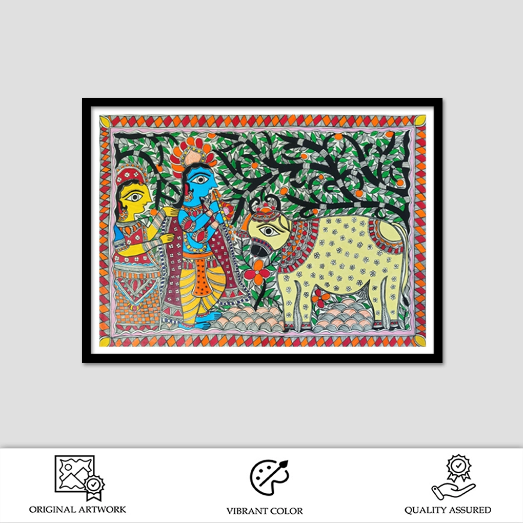 Divine Melody of Krishna & Radha – Traditional Madhubani Folk Art Painting - Image 2