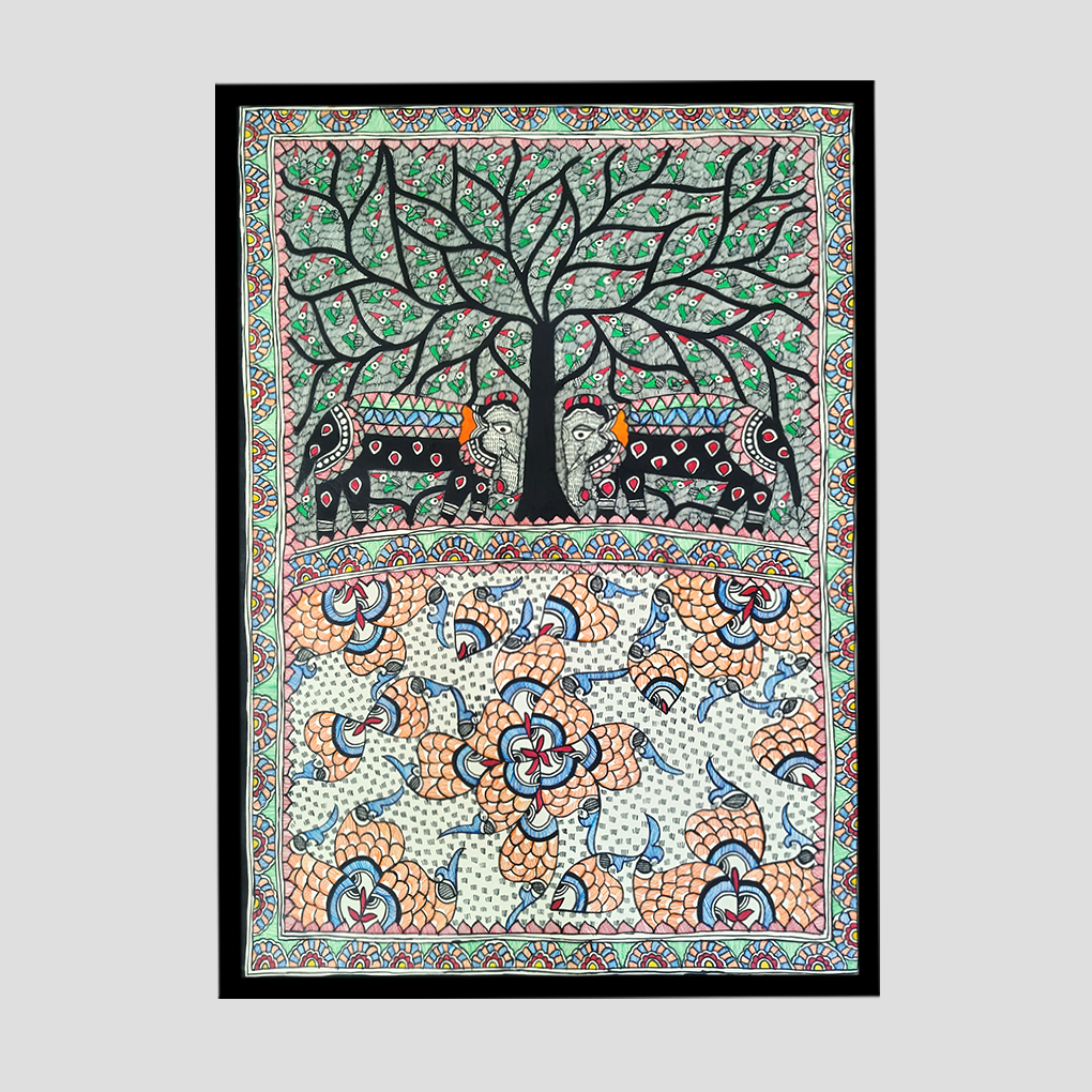Sacred Tree of Life with Dual Fish & Cow Motif – Traditional Madhubani Folk Art Painting - Image 2