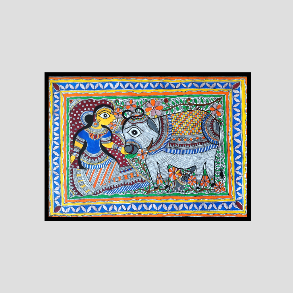 Graceful Lady with Cow – Traditional Madhubani Folk Art Painting - Image 3