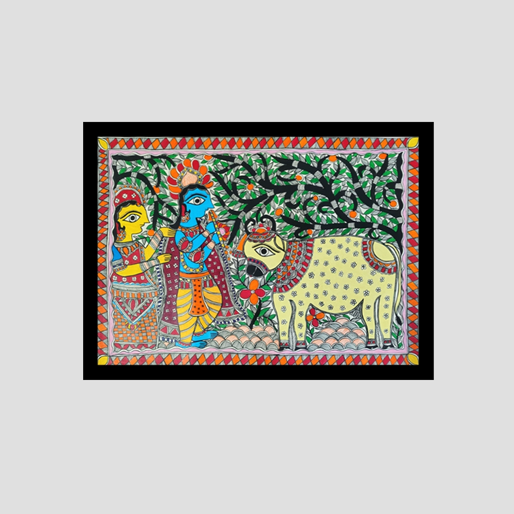 Divine Melody of Krishna & Radha – Traditional Madhubani Folk Art Painting - Image 3