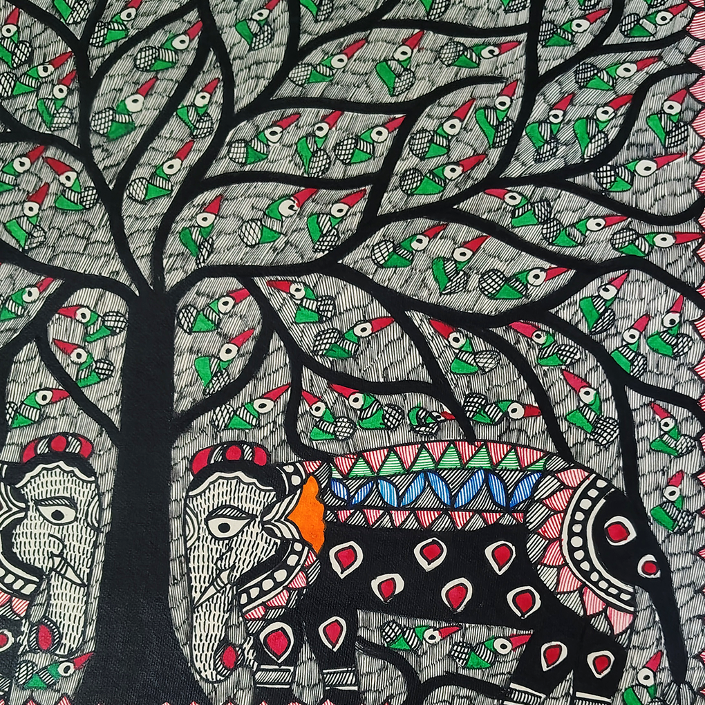 Sacred Tree of Life with Dual Fish & Cow Motif – Traditional Madhubani Folk Art Painting - Image 3