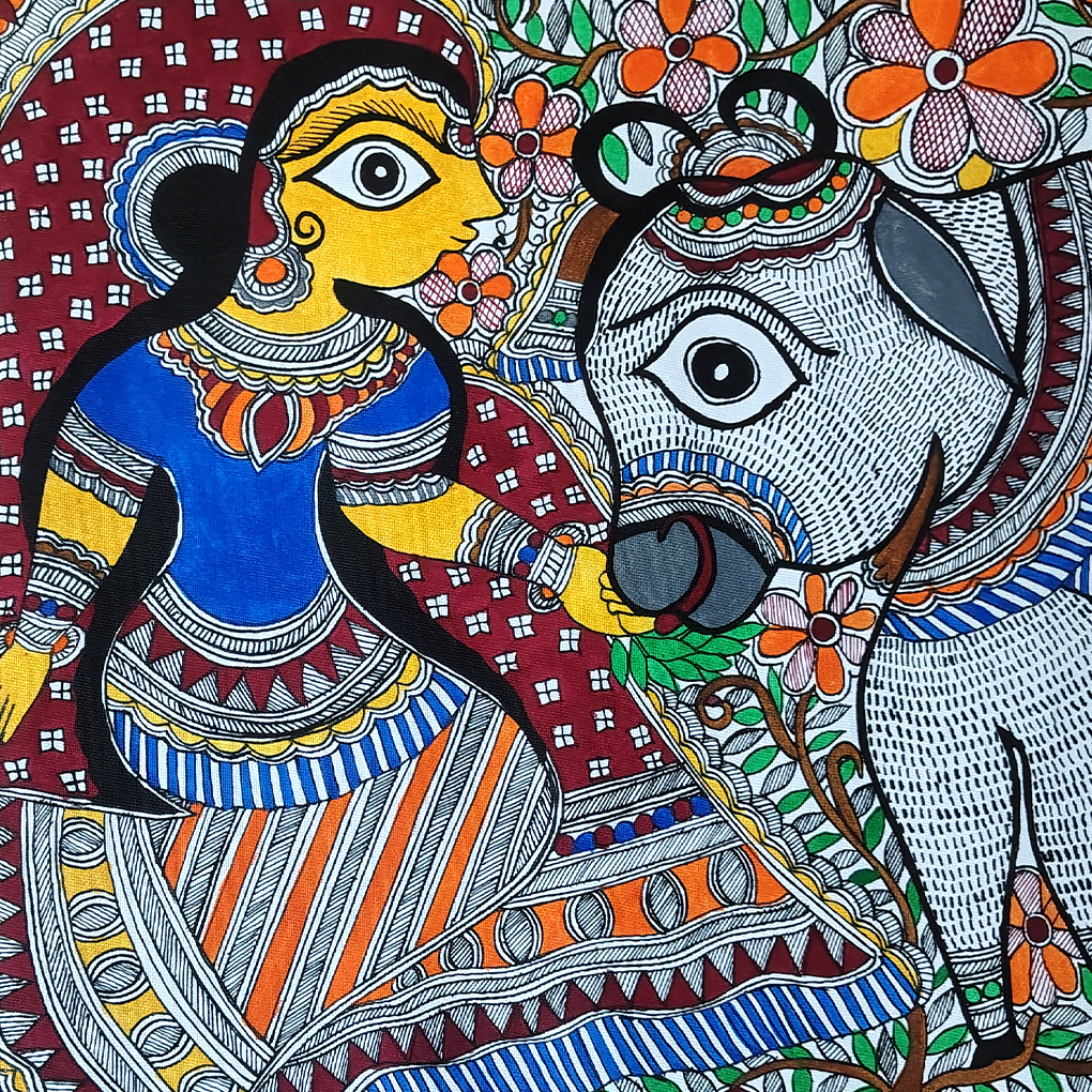 Graceful Lady with Cow – Traditional Madhubani Folk Art Painting - Image 4