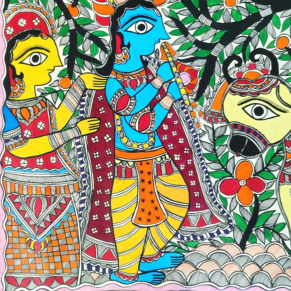 Divine Melody of Krishna & Radha – Traditional Madhubani Folk Art Painting - Image 4