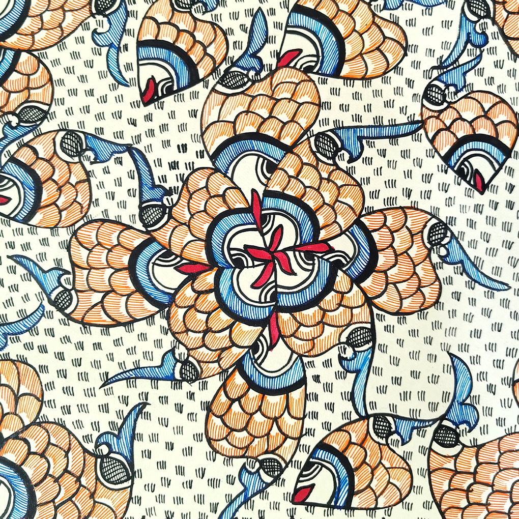 Sacred Tree of Life with Dual Fish & Cow Motif – Traditional Madhubani Folk Art Painting - Image 4