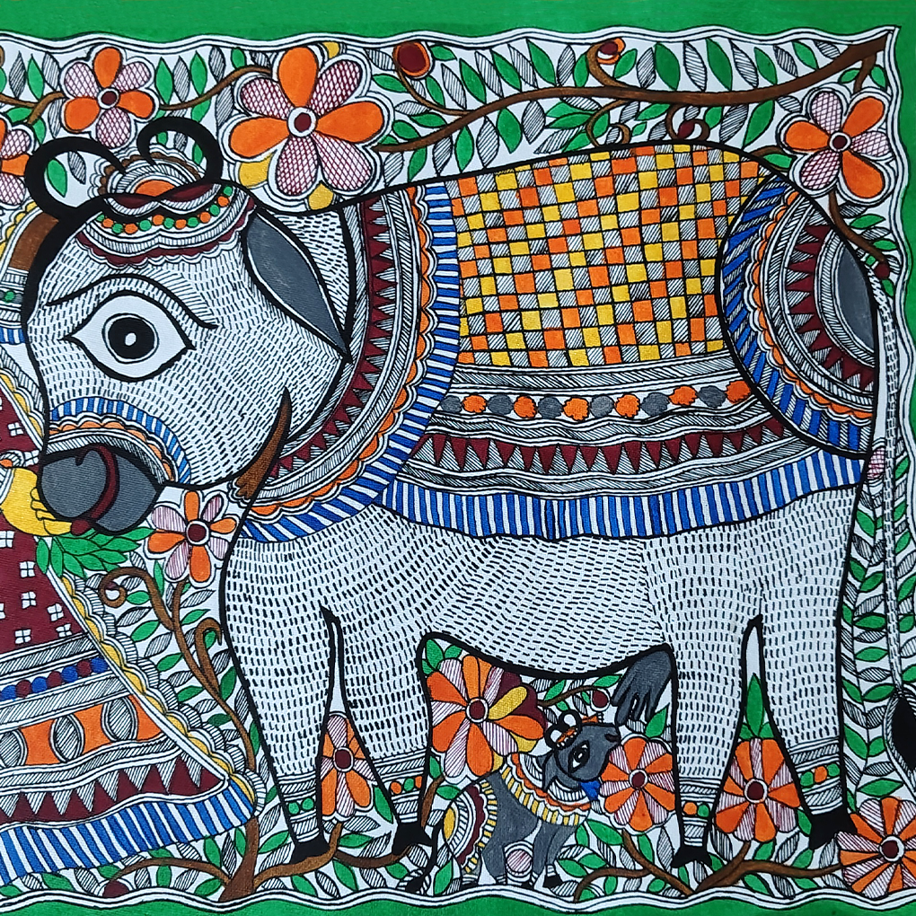 Graceful Lady with Cow – Traditional Madhubani Folk Art Painting - Image 5