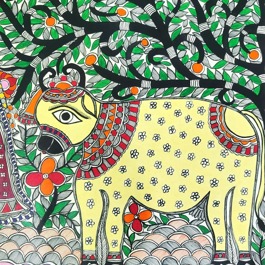 Divine Melody of Krishna & Radha – Traditional Madhubani Folk Art Painting - Image 5