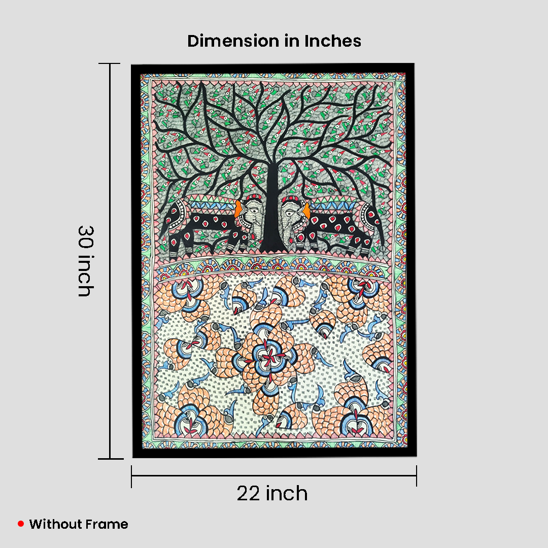 Sacred Tree of Life with Dual Fish & Cow Motif – Traditional Madhubani Folk Art Painting - Image 5