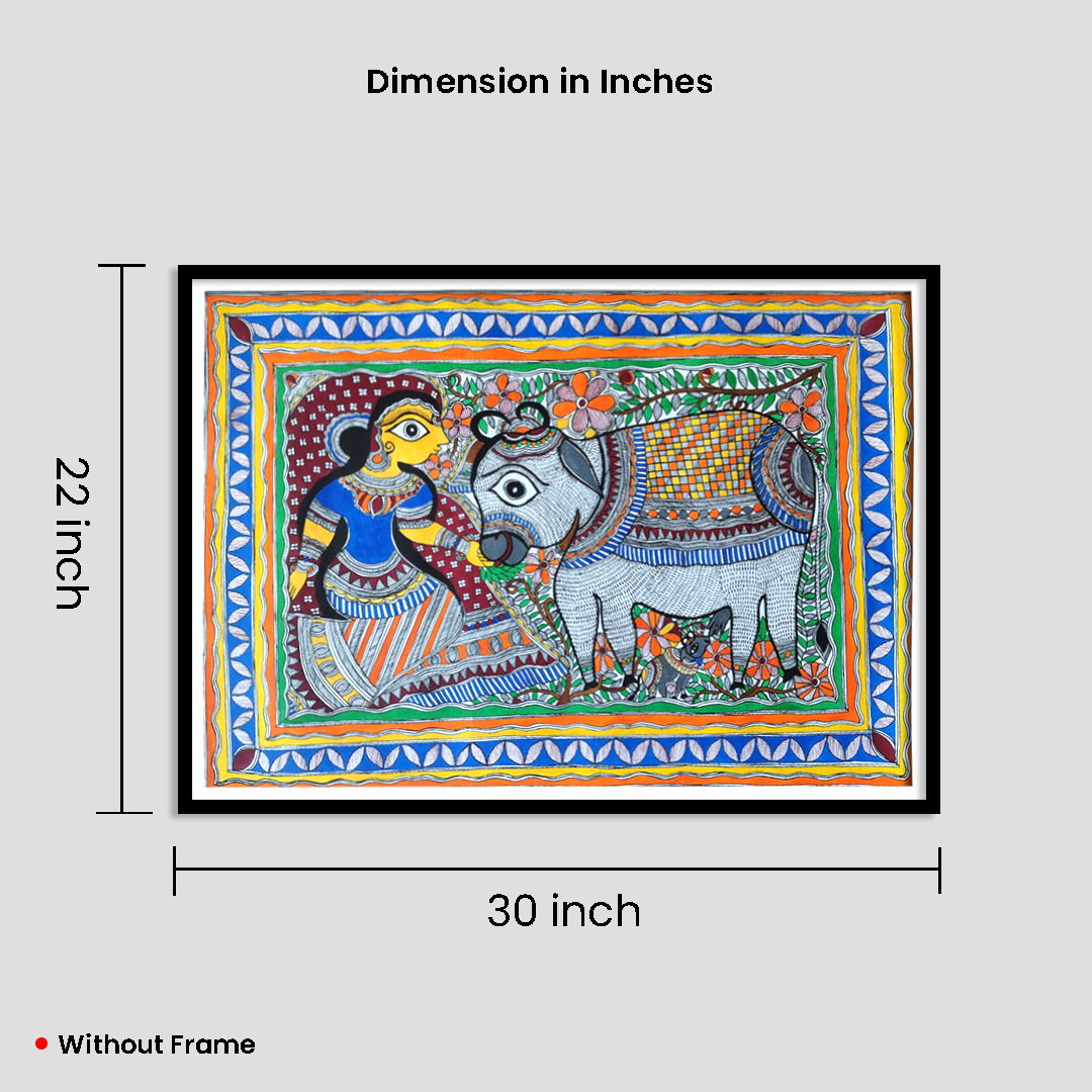 Graceful Lady with Cow – Traditional Madhubani Folk Art Painting - Image 6