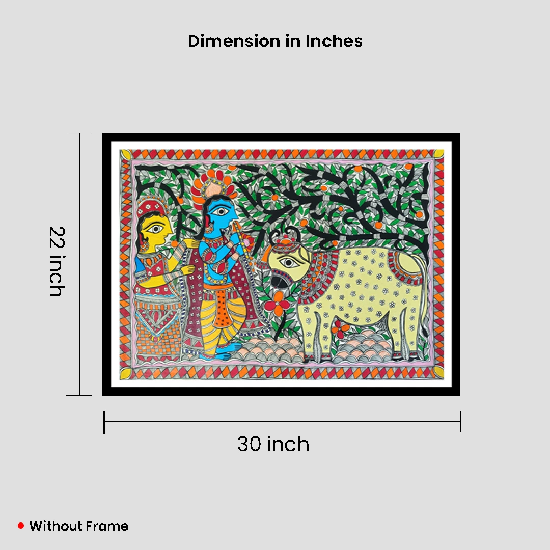 Divine Melody of Krishna & Radha – Traditional Madhubani Folk Art Painting - Image 6