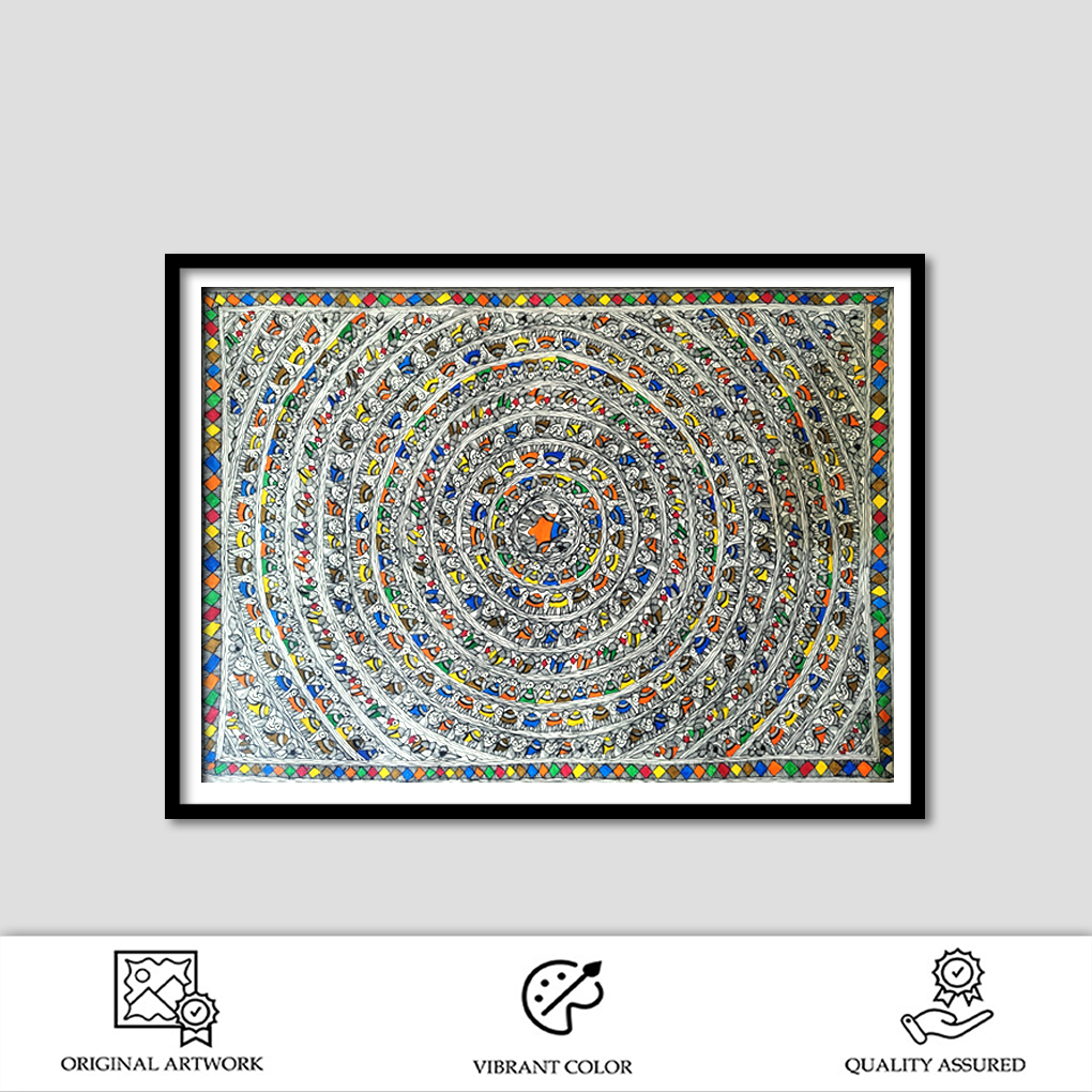 Concentric Mandala of Mithila – Intricate Madhubani Folk Art Painting - Image 2