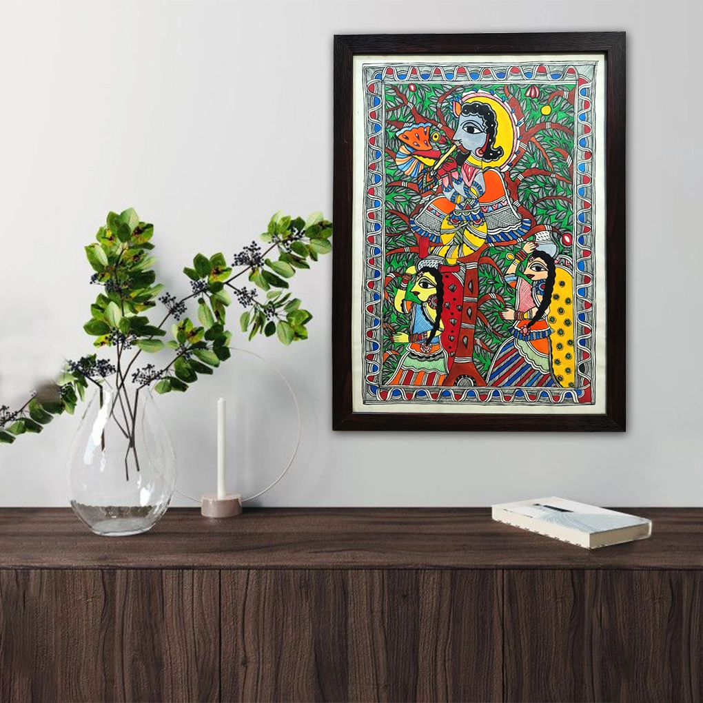 krishna with two gopis mithila art madhubani painting