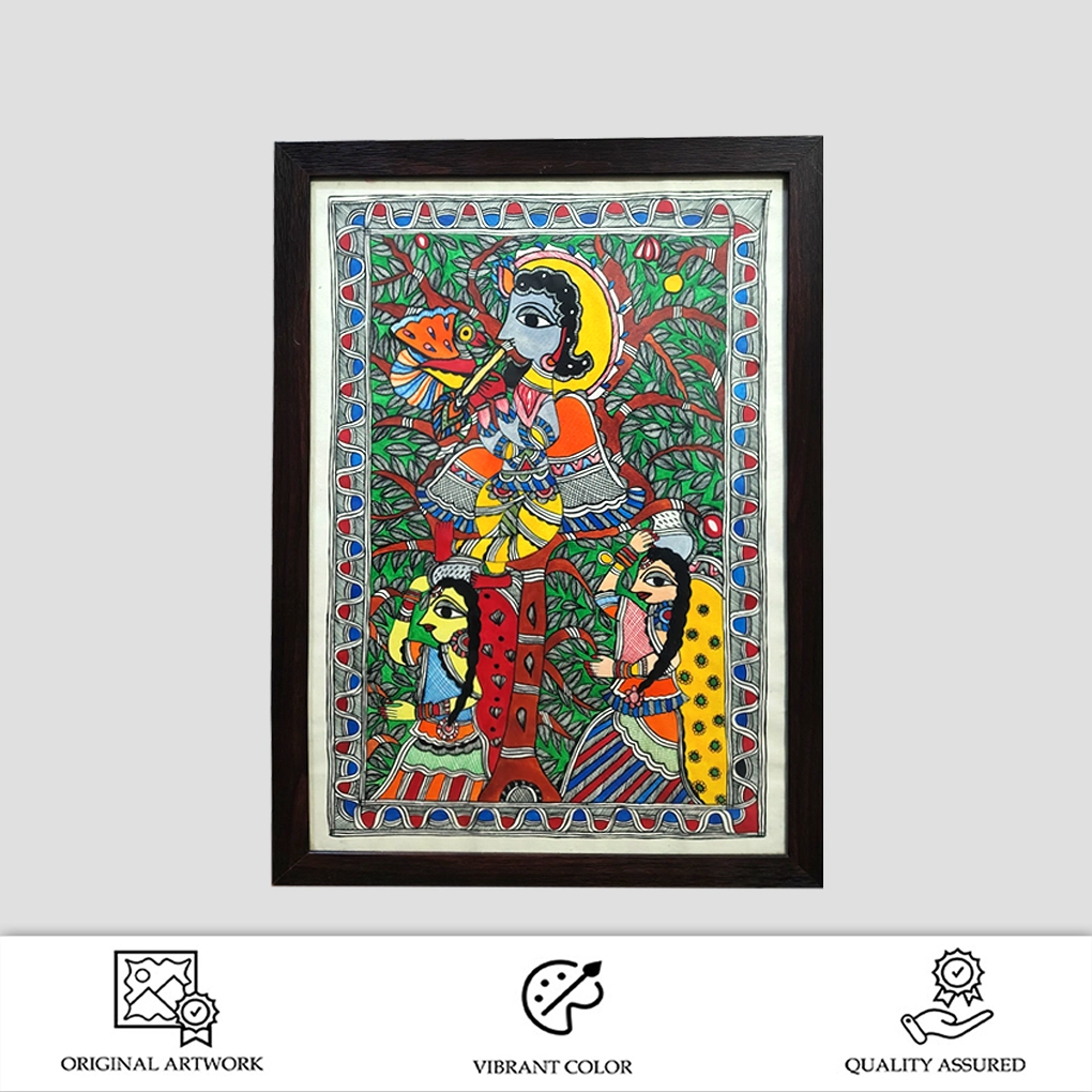krishna with two gopis mithila art madhubani painting - Image 2