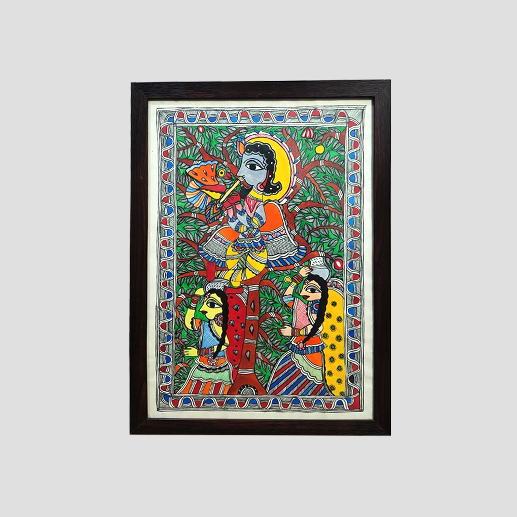 krishna with two gopis mithila art madhubani painting - Image 3