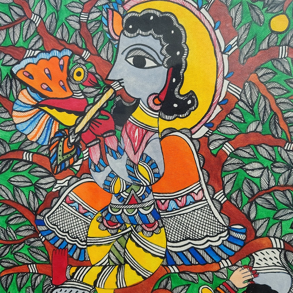 krishna with two gopis mithila art madhubani painting - Image 4