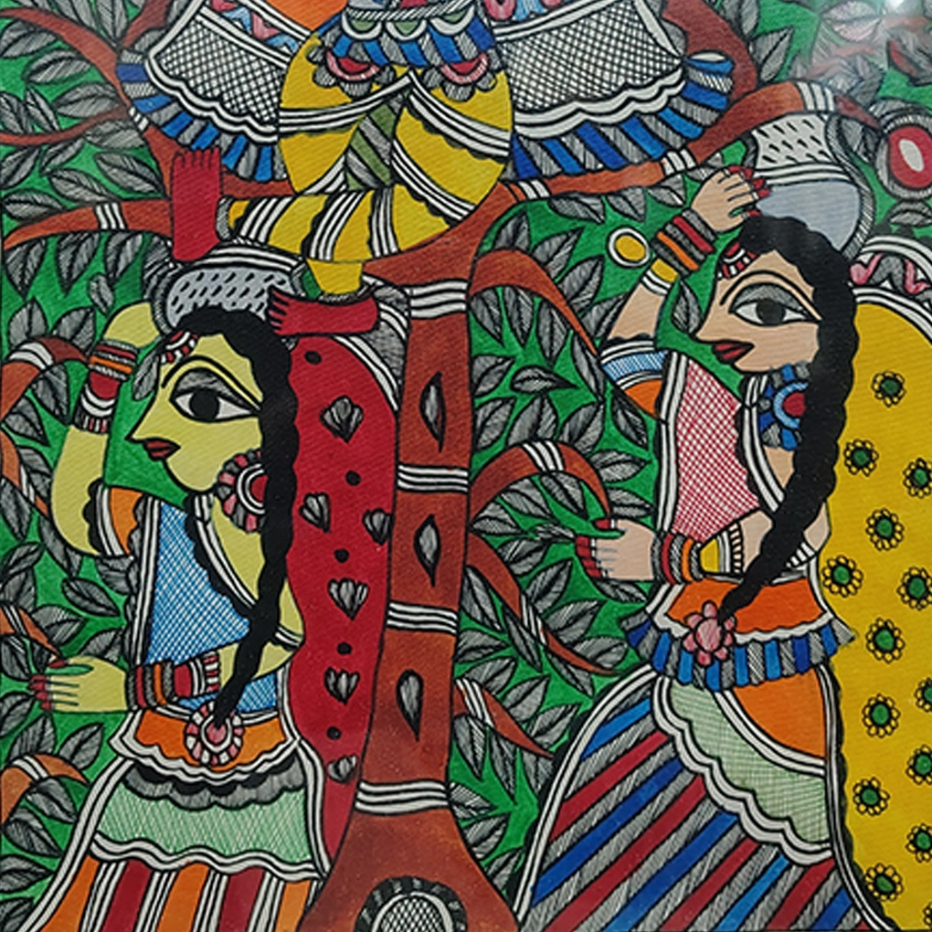 krishna with two gopis mithila art madhubani painting - Image 5