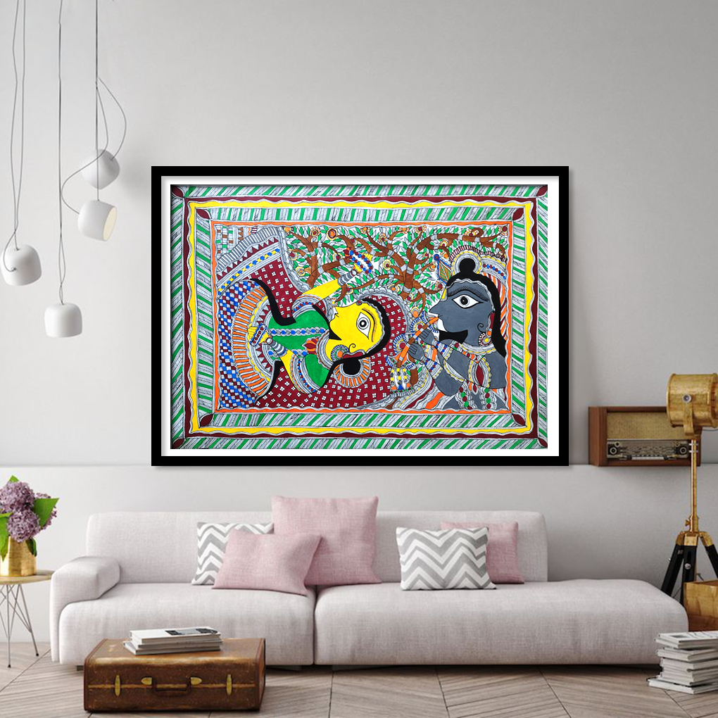 Graceful Radha Under the Kadamba Tree – Traditional Madhubani Folk Art Painting