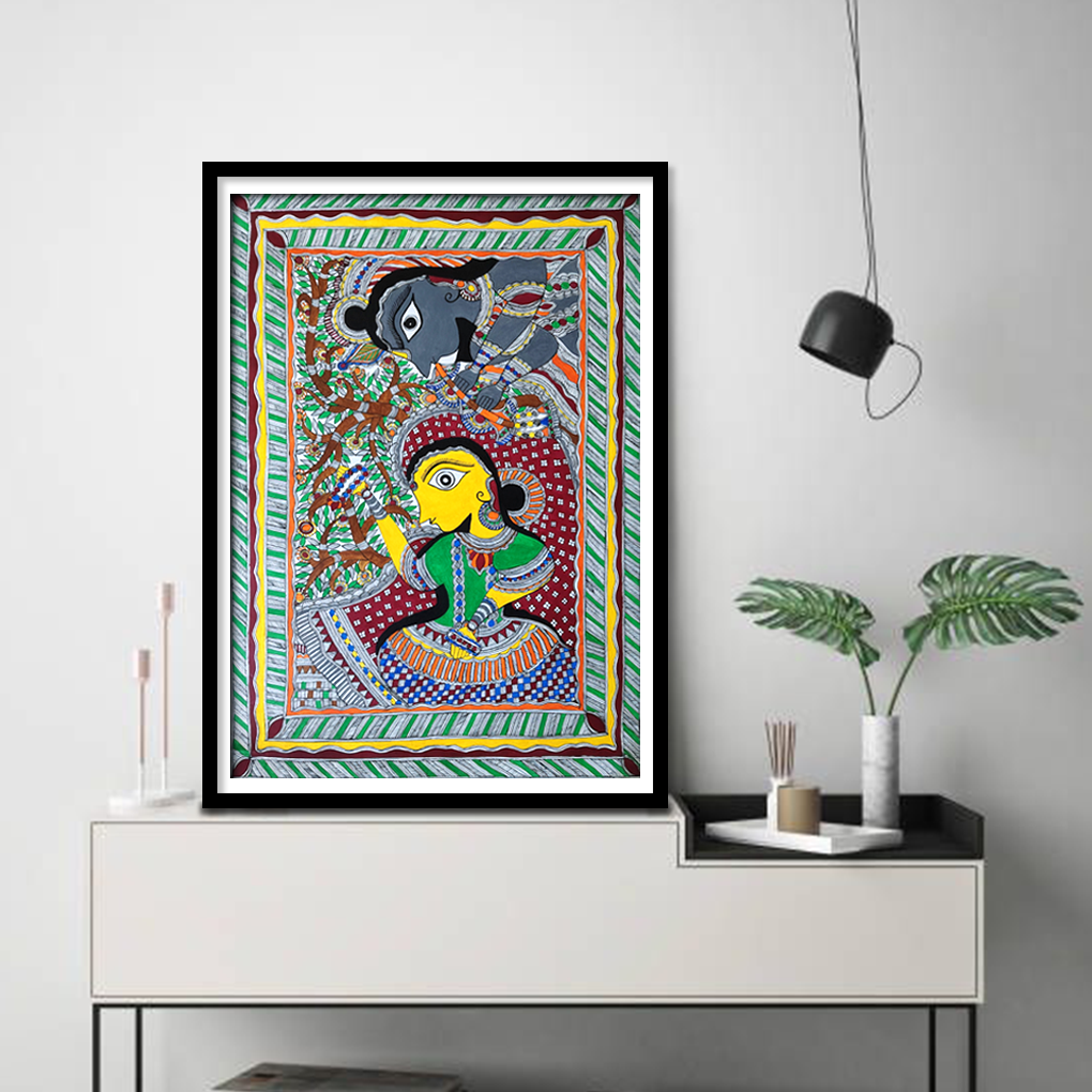 Graceful Radha Under the Kadamba Tree – Traditional Madhubani Folk Art Painting - Image 2