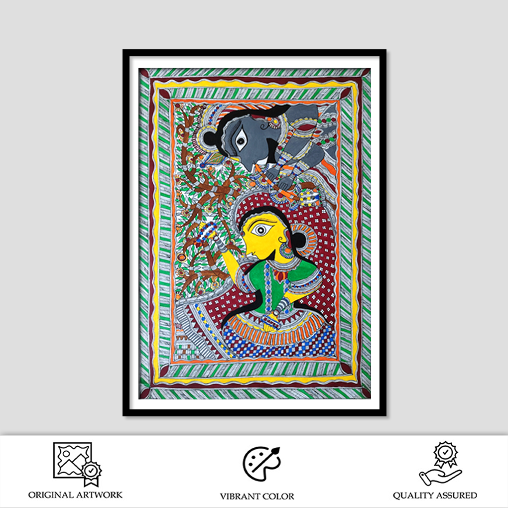 Graceful Radha Under the Kadamba Tree – Traditional Madhubani Folk Art Painting - Image 3